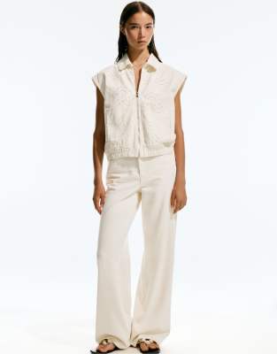 Pull & Bear - Baumwoll-Trägertop in Beige mit Stickerei-Neutral