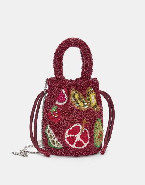Pull&Bear Beaded drawstring bag in burgundy - view 1