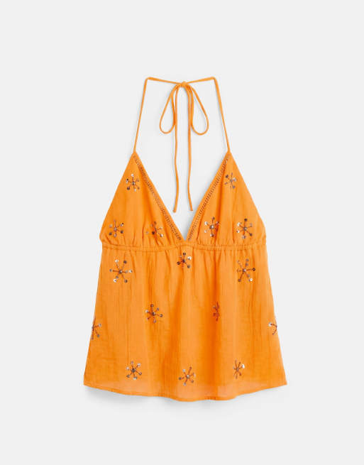 Pull&Bear Beaded halter top in orange, 4 of 4