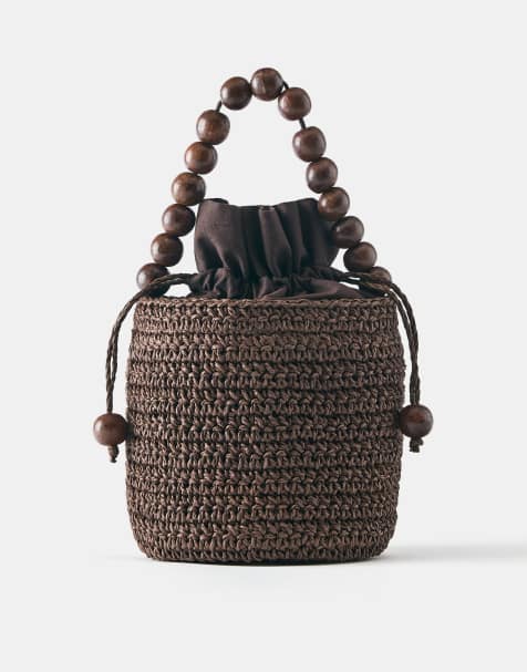 Pull&Bear Beaded mini bucket bag in brown - view 1