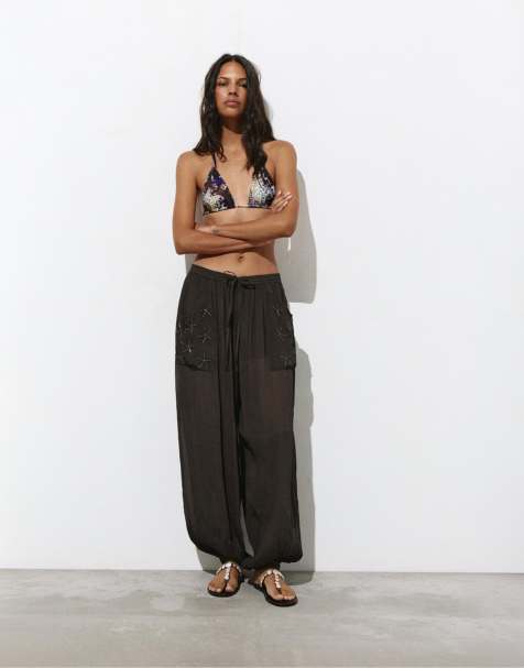 Pull&Bear Beaded sarouel trousers in brown