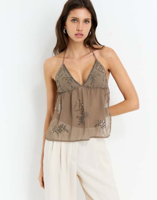Pull&Bear beaded top in brown