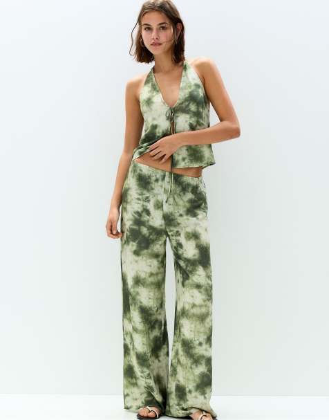 Pull&Bear – Bedruckte fließende Hose in Grün - view 1