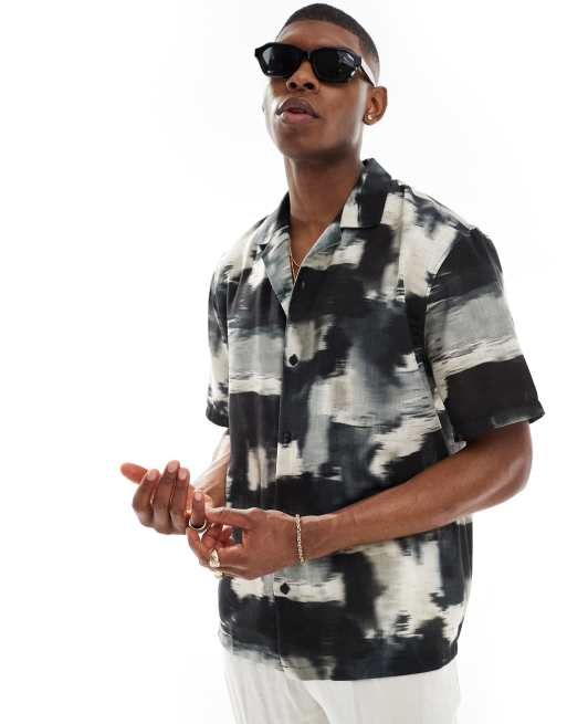 Pull&Bear – Bedrucktes Hemd in Schwarz