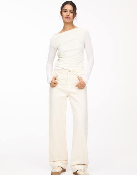 Pull&Bear - Beige baggy jeans med lige ben og opsmøgede kanter forneden - view 1