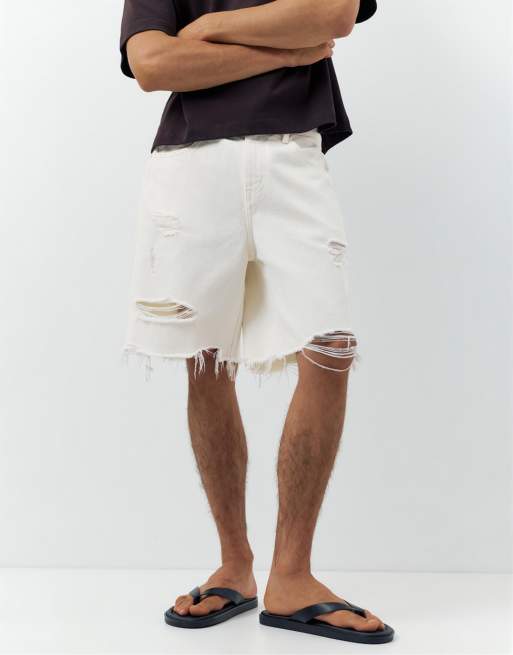 Pull&Bear – Beige bermudashorts i denim med raka ben, 3 av 4