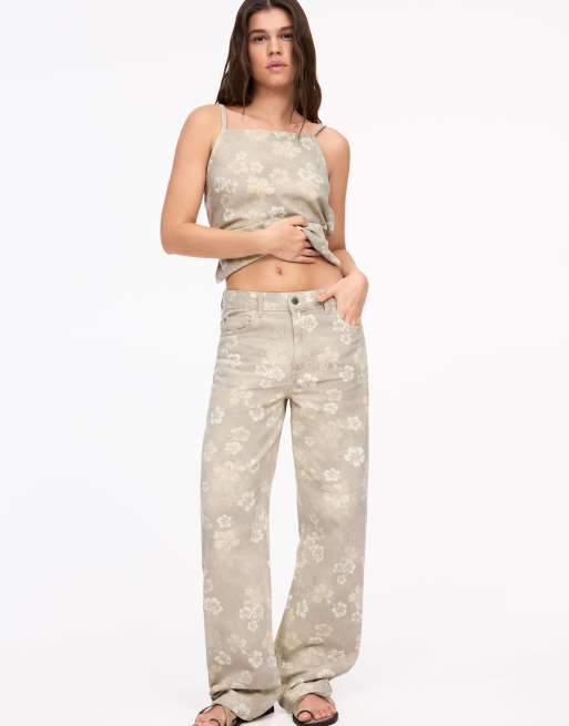 Pull&Bear – Beige, blommiga jeans med vida ben