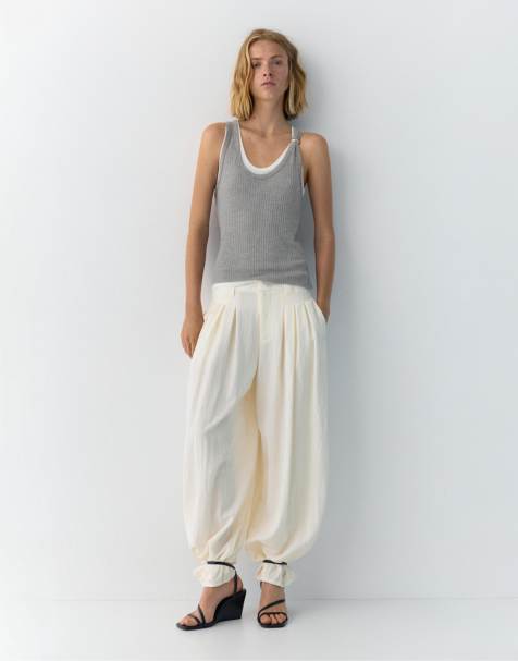 Pull&Bear - Beige bukser med brede ben og indsnit - view 1
