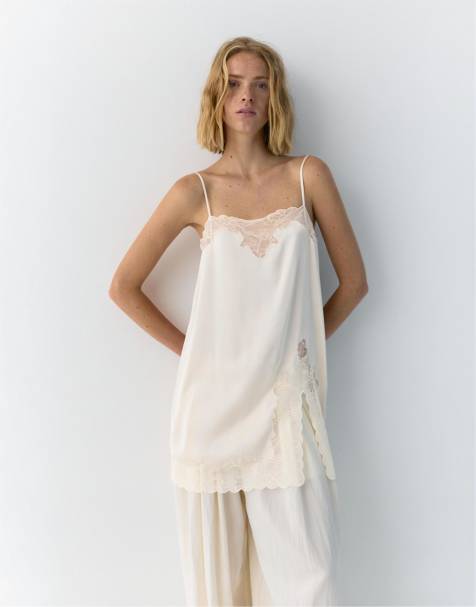 Pull&Bear - Beige camisole-top med blondekant - view 1