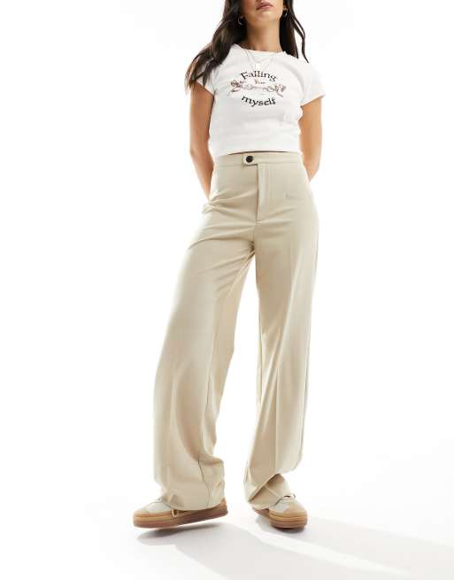 Pull&Bear – Beige, figursydda byxor med hög midja