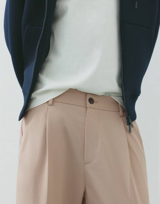 Pull&Bear – Beige, figursydda byxor med vida ben, 3 av 7
