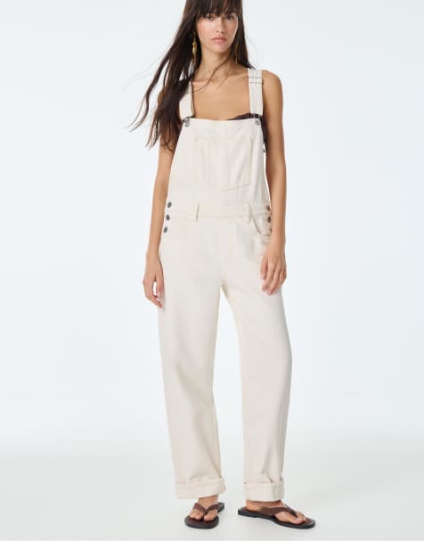 Pull&Bear – Beige hängselbyxor i lång modell och denim - view 1
