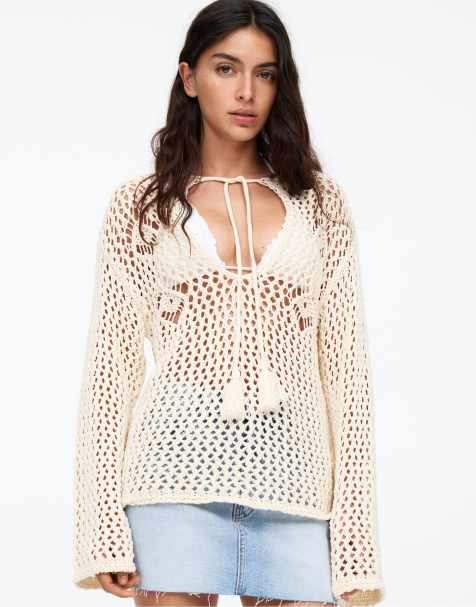 Pull&Bear - Beige hæklet trøje med løbesnor - view 1