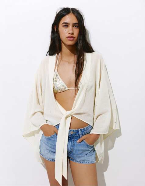 Pull&Bear – Beige kimono med spegeldetaljer - view 1