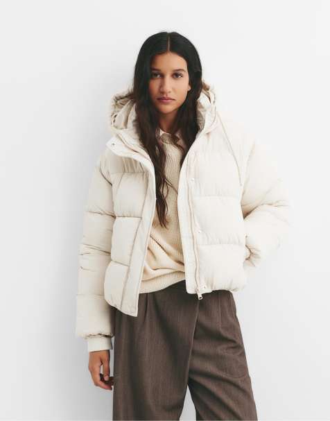 Pull&Bear – Beige, kort pufferjacka med huva - view 1