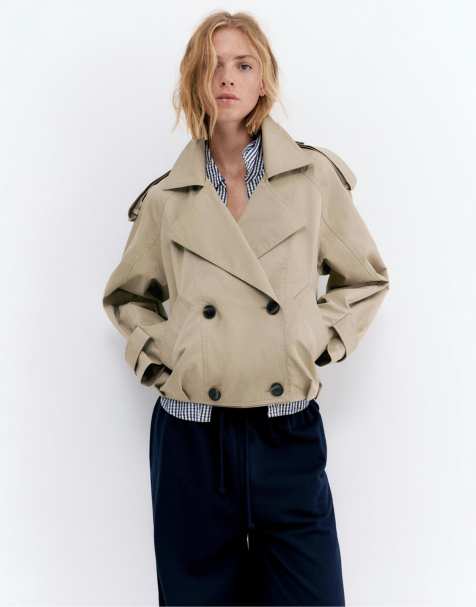Pull&Bear – Beige, kort trenchcoat i ballongmodell - view 1