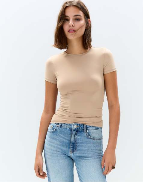 Pull&Bear – Beige, kortärmad t-shirt i polyamid - view 1