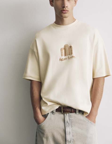 Pull&Bear – Beige, kraftig t-shirt med korta ärmar och tryck - view 1