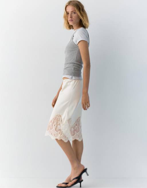 Pull&Bear - Beige midinederdel med lingeridetaljer, 3 af 4