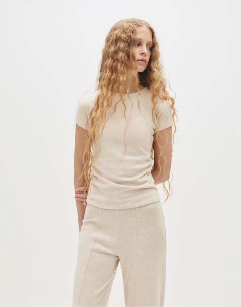 Pull&Bear – Beige, mjuk t-shirt med rynkning - view 1