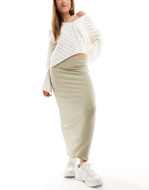 Pull&Bear – Beige, ribbad midaxikjol med slits