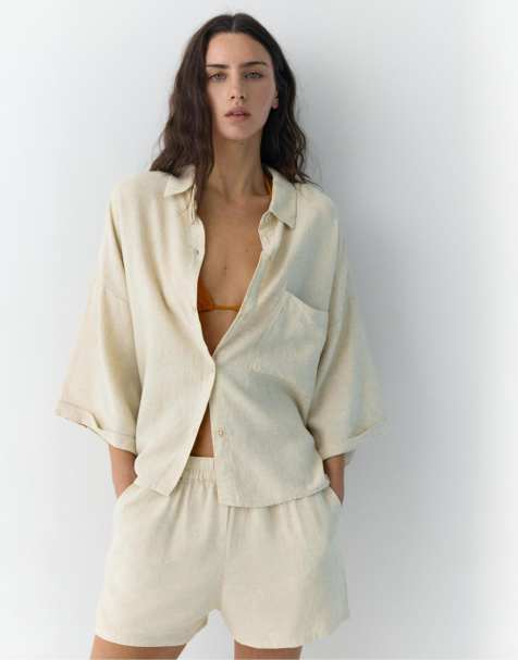 Pull&Bear – Beige, rustik skjorta i linnemix - view 1