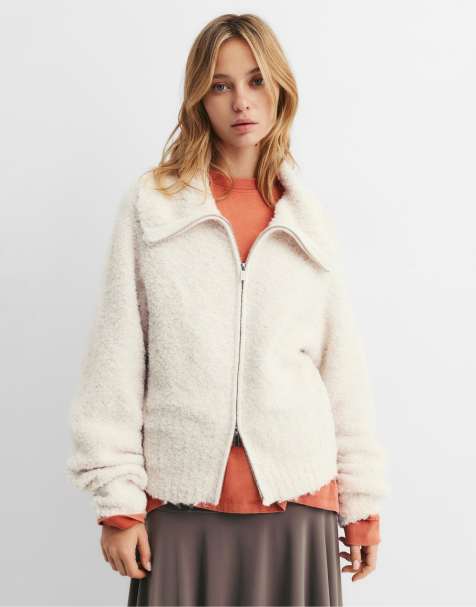 Pull&Bear – Beige, stickad jacka med dragkedja i bouclé - view 1