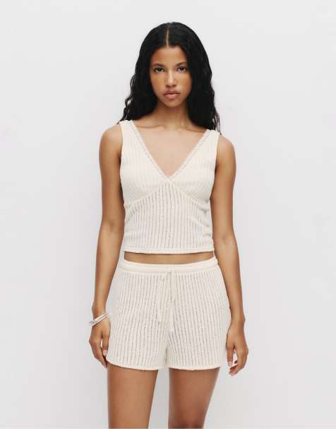 Pull&Bear – Beige, stickad topp med spetsdetalj - view 1