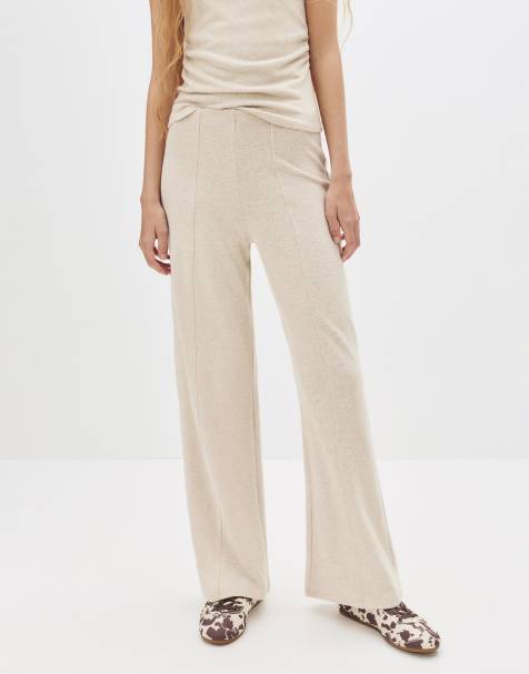 Pull&Bear – Beige, stickade byxor med vida ben - view 1