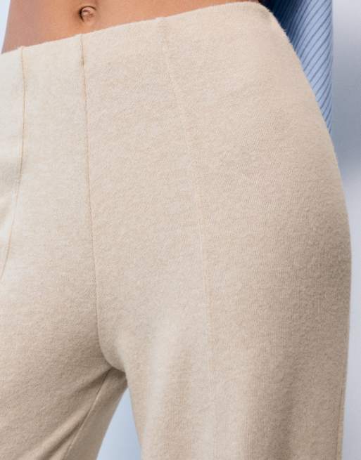 Pull&Bear – Beige, stickade byxor med vida ben, 3 av 7