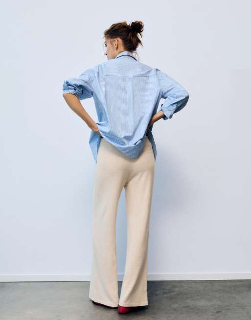 Pull&Bear – Beige, stickade byxor med vida ben, 4 av 7