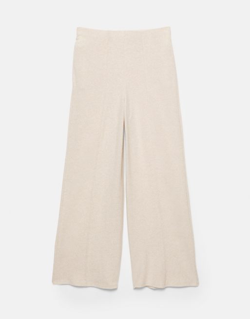 Pull&Bear – Beige, stickade byxor med vida ben, 5 av 7