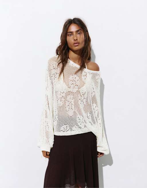 Pull&Bear - Beige striklet trøje med udskæringer, 2 af 4