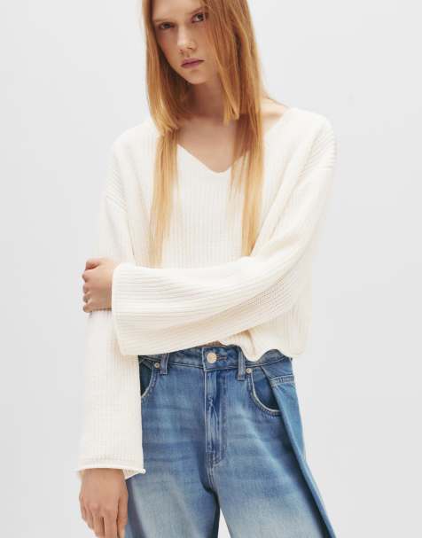 Pull&Bear - Beige sweater med V-hals i chenille - view 1