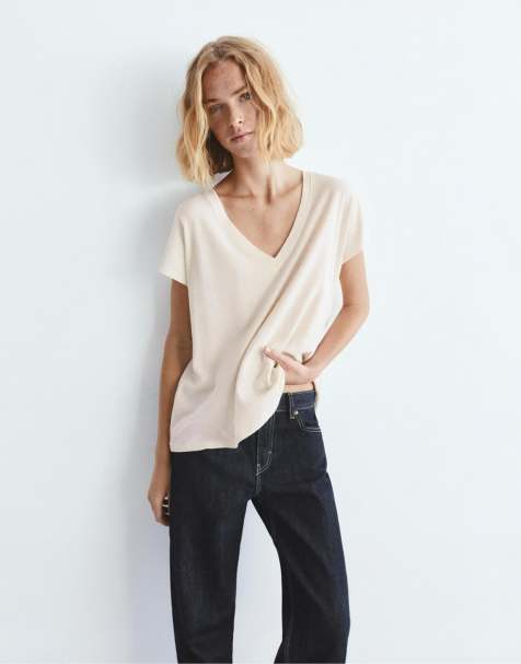 Pull&Bear – Beige t-shirt i linnemix med v-ringning - view 1