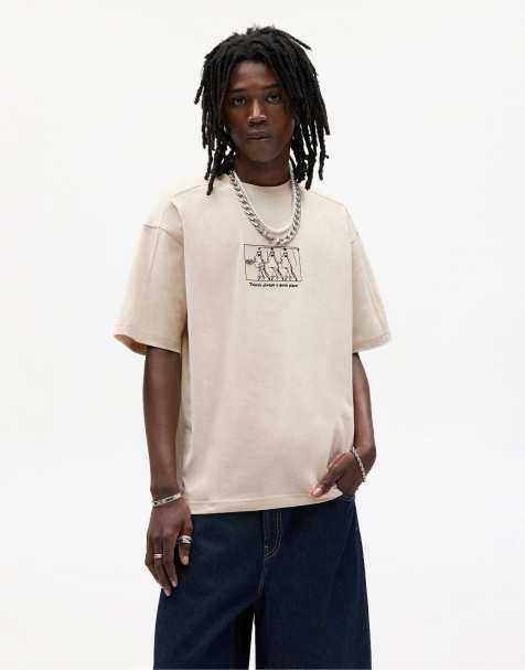 Pull&Bear – Beige t-shirt med broderade ansikten - view 1