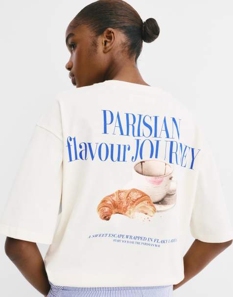 Pull&Bear – Beige t-shirt med croissant- och kaffetryck - view 1