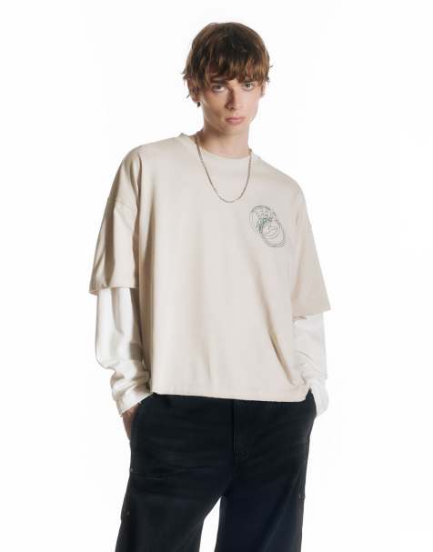 Pull&Bear – Beige t-shirt med dubbla ärmar och tryck - view 1