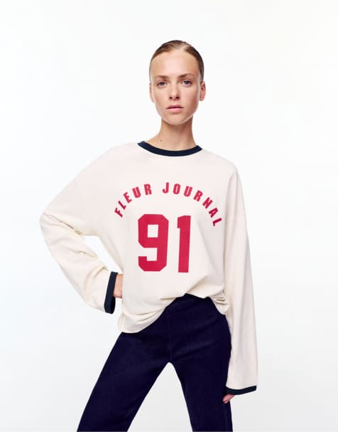 Pull&Bear – Beige t-shirt med långa ärmar och tryck - view 1