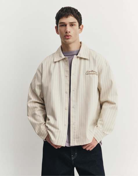 Pull&Bear – Beigerandig skjorta med broderi - view 1