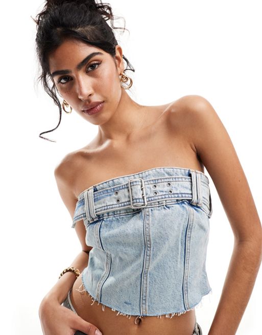 Pull&Bear belt detail denim corset top co-ord in mid blue