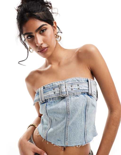 Pull&Bear belt detail denim corset top in mid blue - part of a set