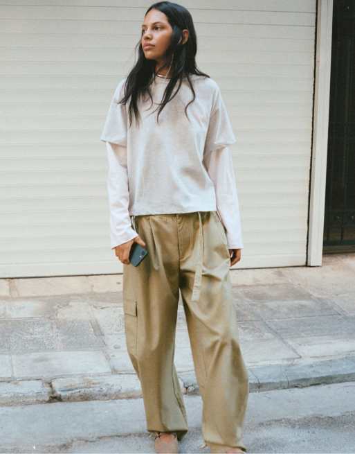 Pull&Bear Belted cargo trousers in camel, 3 of 7