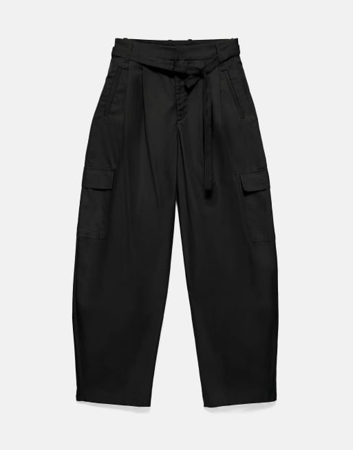 Pull&Bear Belted cargo trousers in faded black, 3 of 7