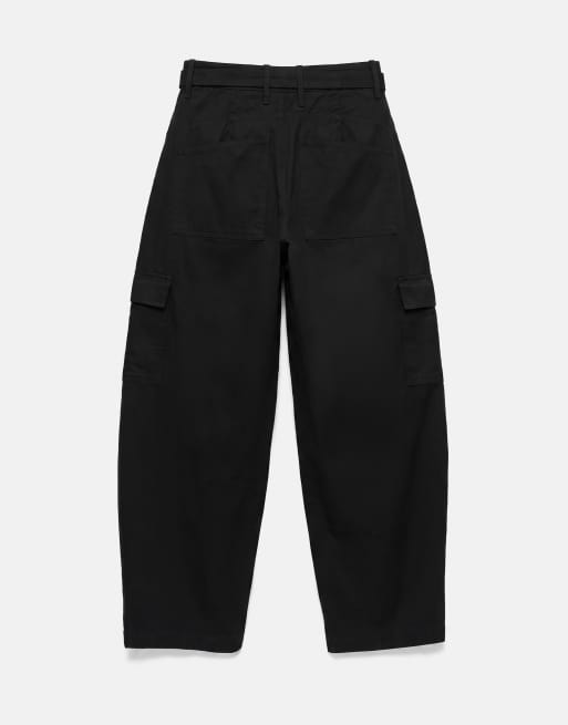 Pull&Bear Belted cargo trousers in faded black, 4 of 7