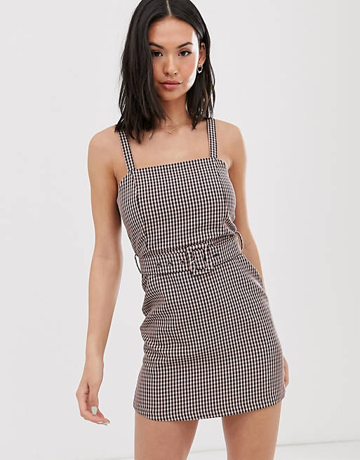 Pull&Bear belted dress in pink gingham | ASOS