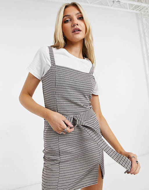 Pull&Bear belted dress with split hem in brown check