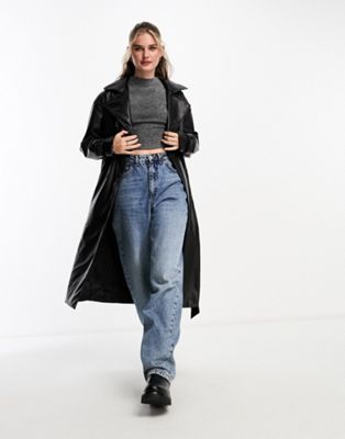 Pull&Bear belted faux leather trench coat in black - ASOS Price Checker