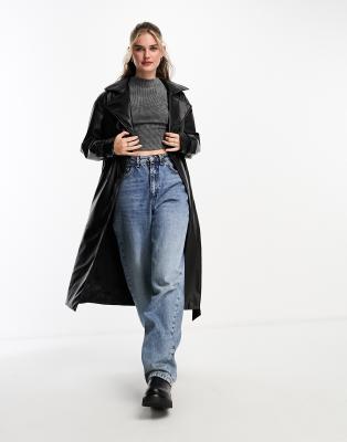 Pull & Bear belted faux leather trench coat in black