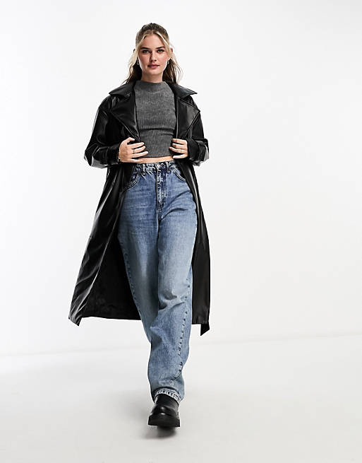 Pull&Bear belted faux leather trench coat in black | ASOS